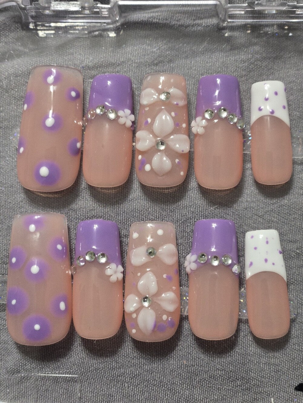 Purple Floral Rhinestone Press-On Nail Set, Medium Length Square Shape